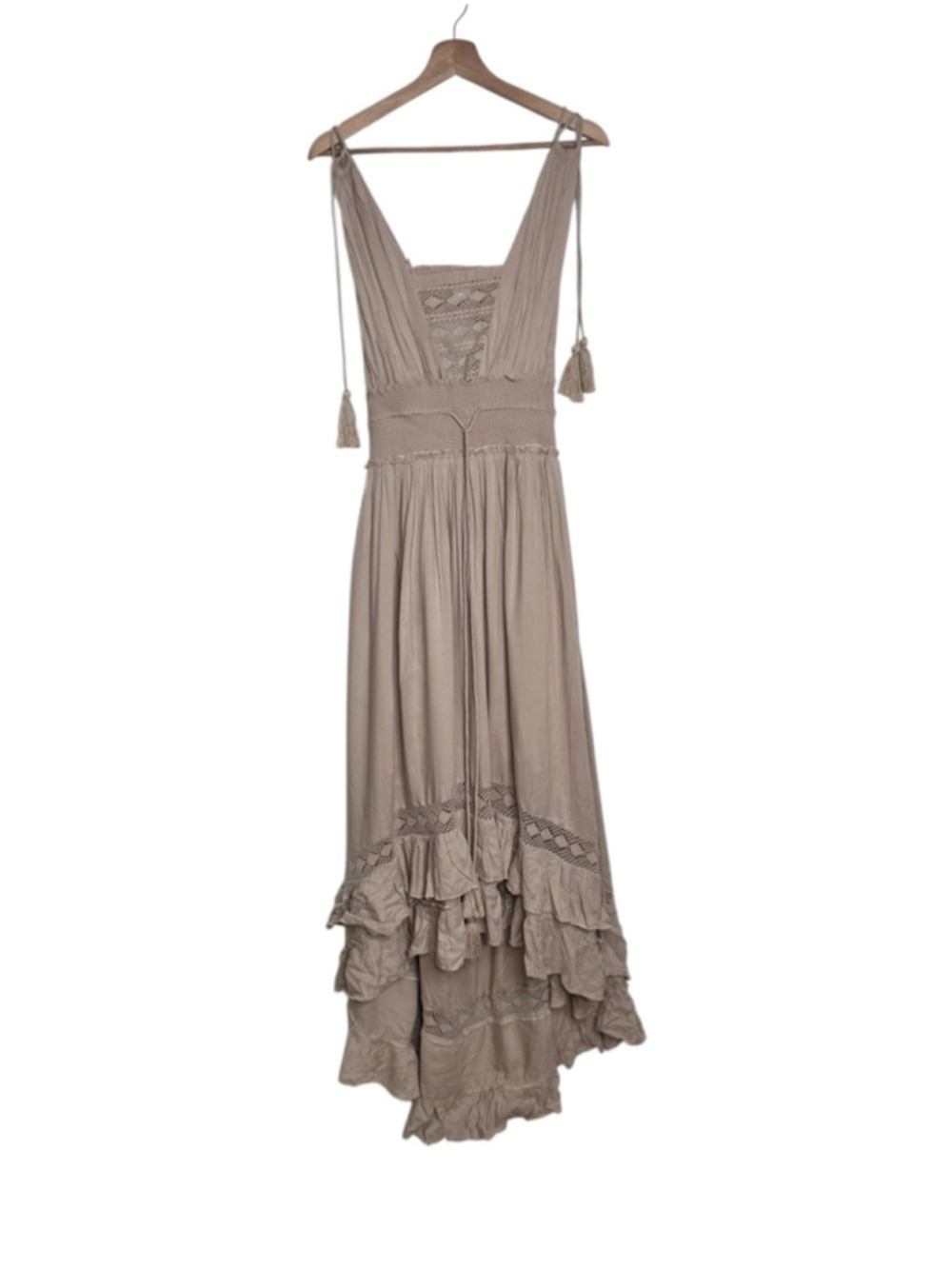 Venus Women’s Beige Tassel Ruffle Lace Smocked Waist Boho Maxi Dress Size Large - Picture 5 of 11